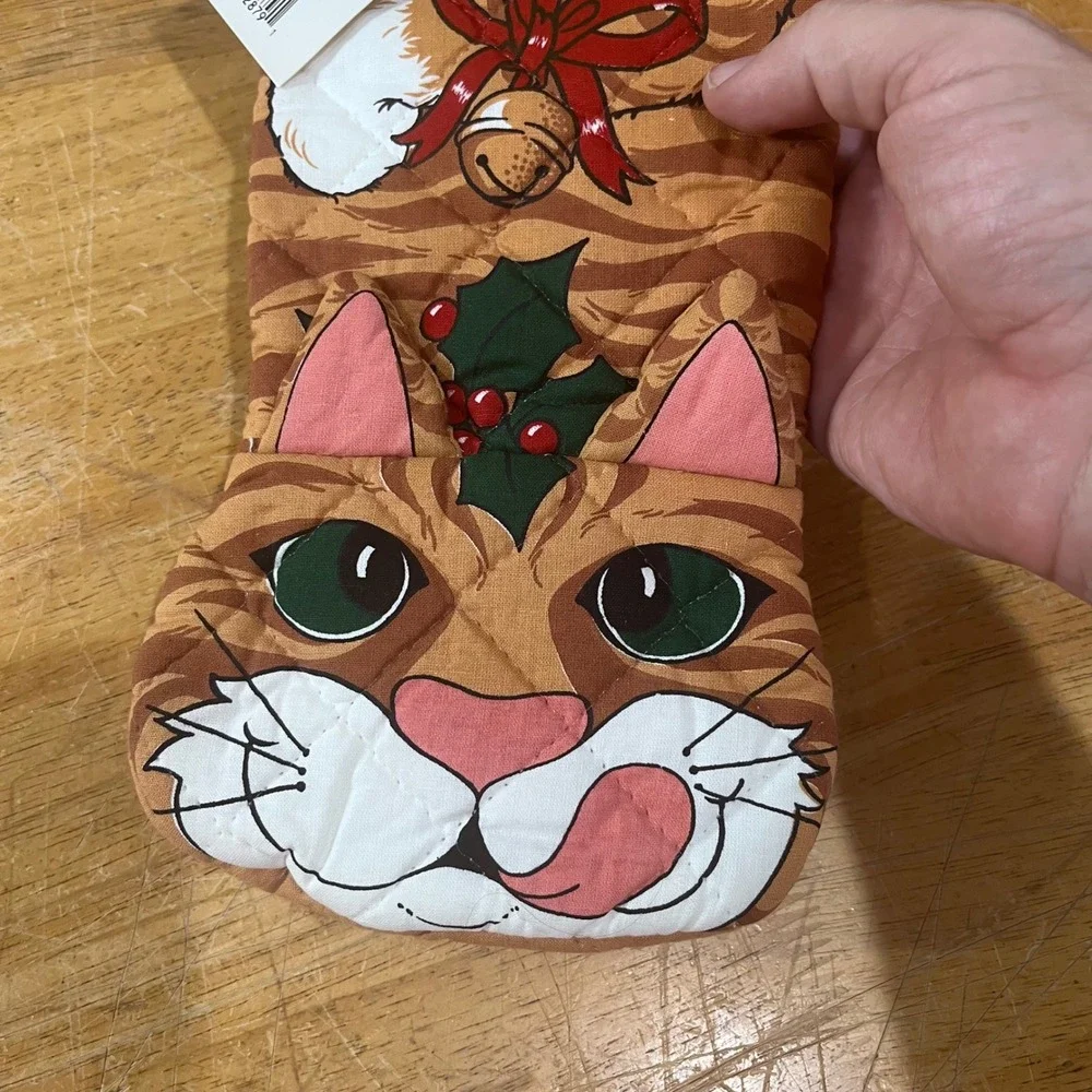 Vtg Merry Mint Christmas Orange Tabby Cat Oven Mitt Holiday Trimmings NWT Kitsch